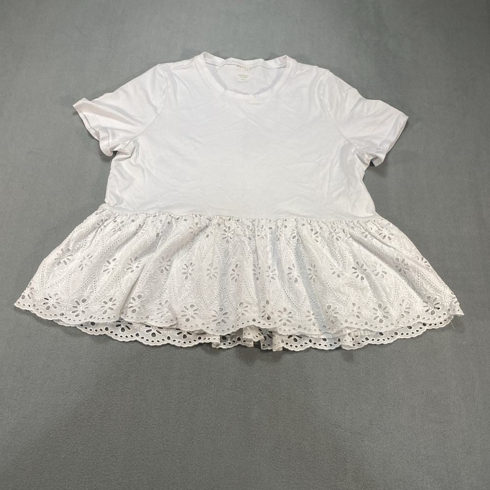 Kate Spade Broome Street Tunic XL White Floral Eyelet Ruffle Hem Cottagecore - Picture 2 of 8